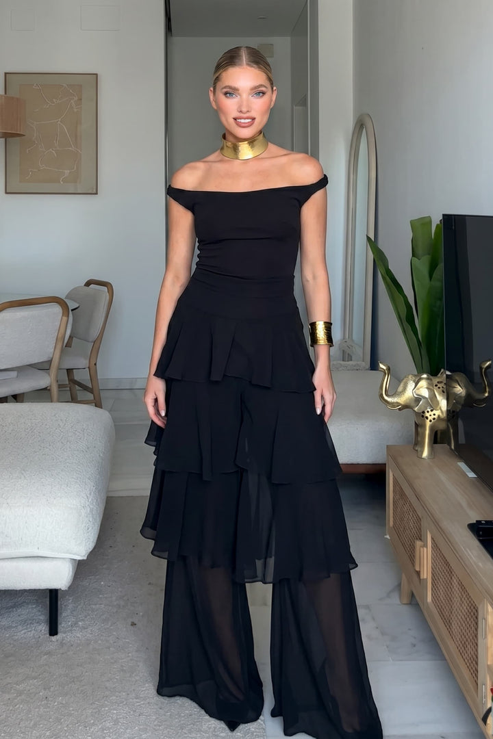 Off-shoulder Top And Ruffled Pants Suit