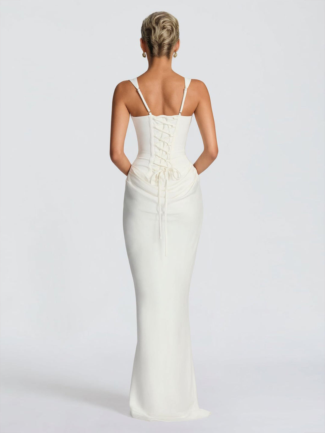 Elegant Square Neck Cinched Top & Ruched Waist Draped Maxi Dress