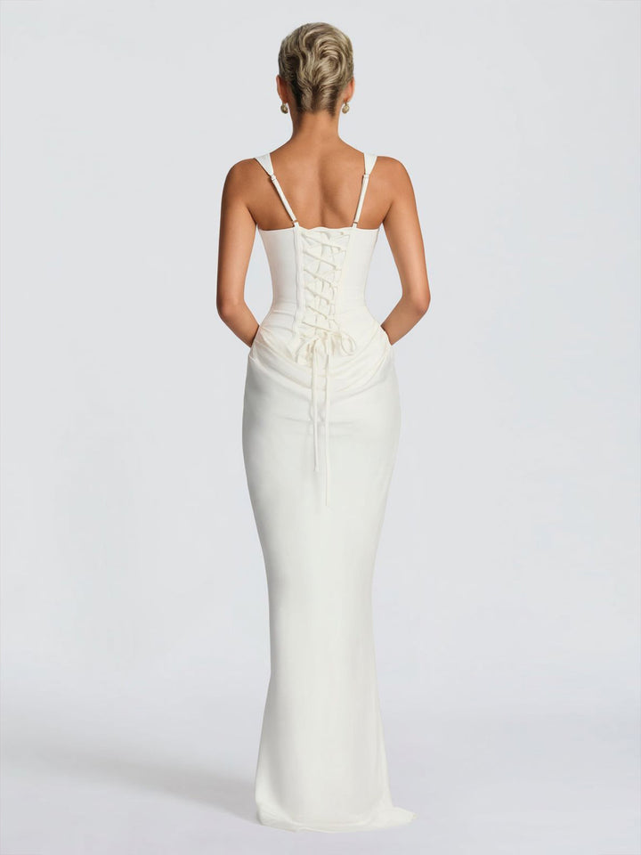 Elegant Square Neck Cinched Top & Ruched Waist Draped Maxi Dress