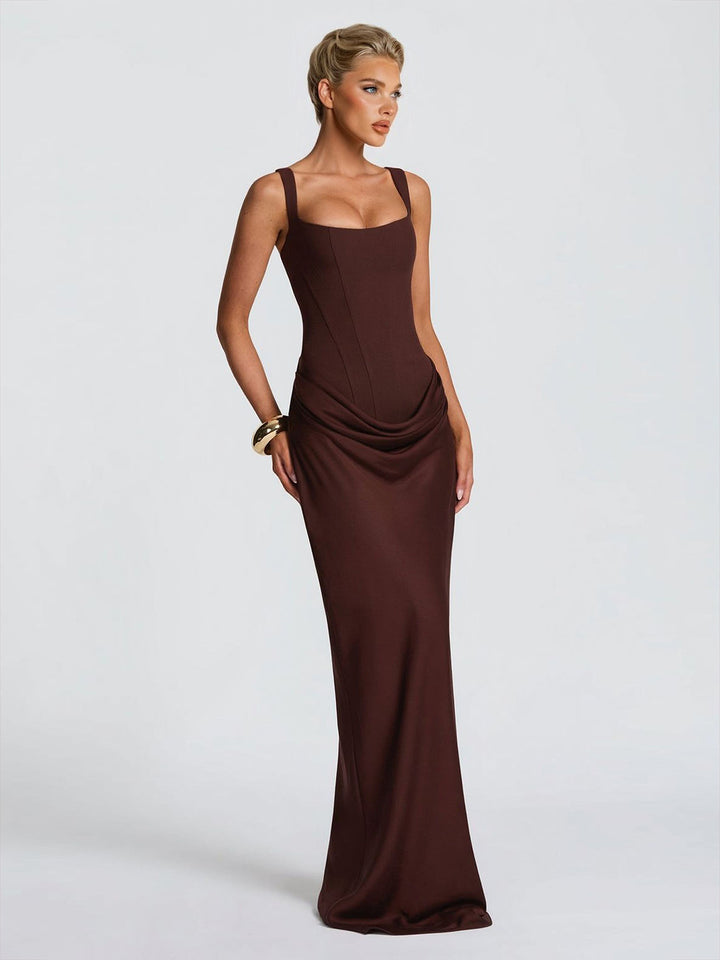 Elegant Square Neck Cinched Top & Ruched Waist Draped Maxi Dress
