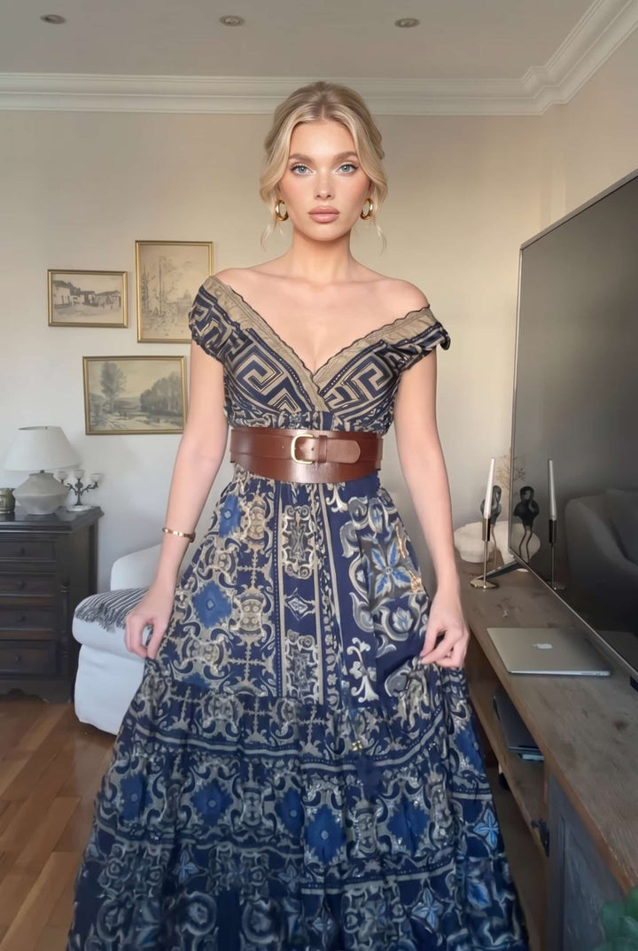 Deep V-Neck Printed High-Waist Maxi Dress