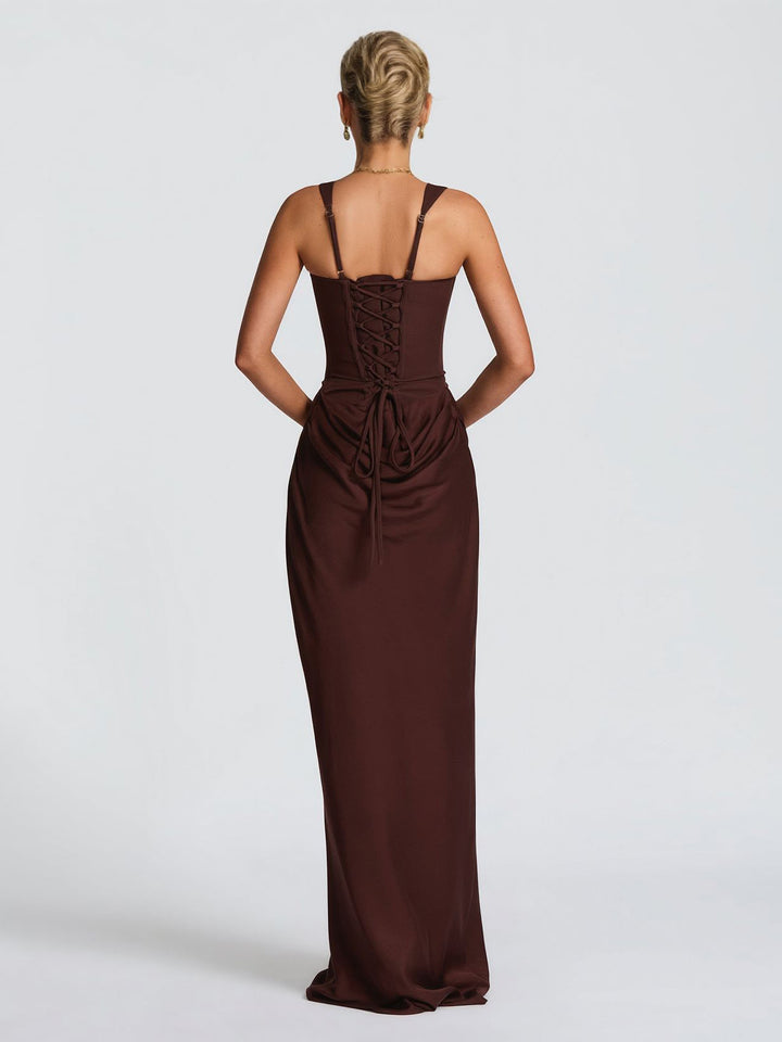 Elegant Square Neck Cinched Top & Ruched Waist Draped Maxi Dress