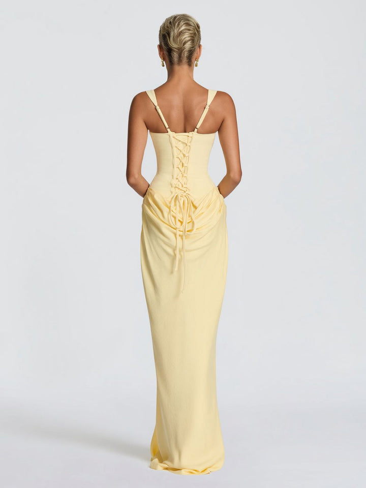 Elegant Square Neck Cinched Top & Ruched Waist Draped Maxi Dress