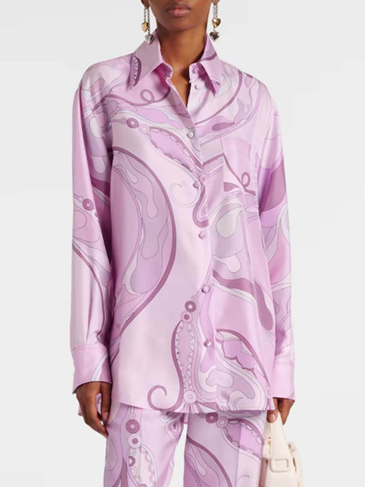 Exquisite Orchid Print Satin Twill Button Pocket Straight-Leg Pants