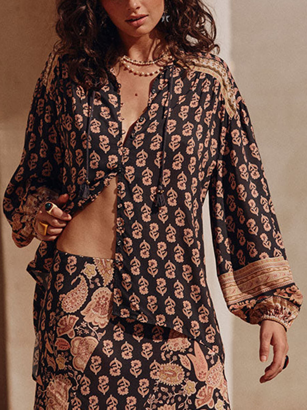 Boho Printed Draped Loose Maxi Skirt