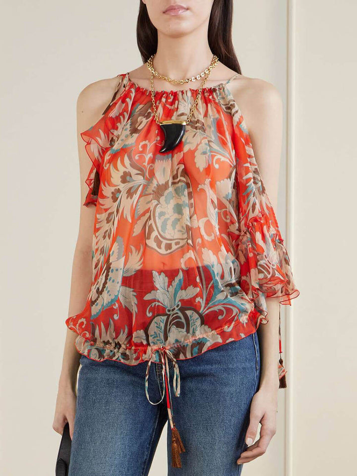 Modern Off-Shoulder Asymmetric Fringe Ruffle Printed Chiffon Blouse