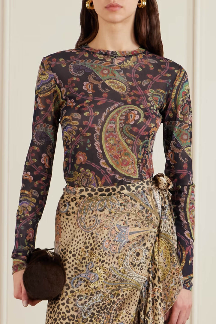 Exquisite Paisley Print Mesh Top