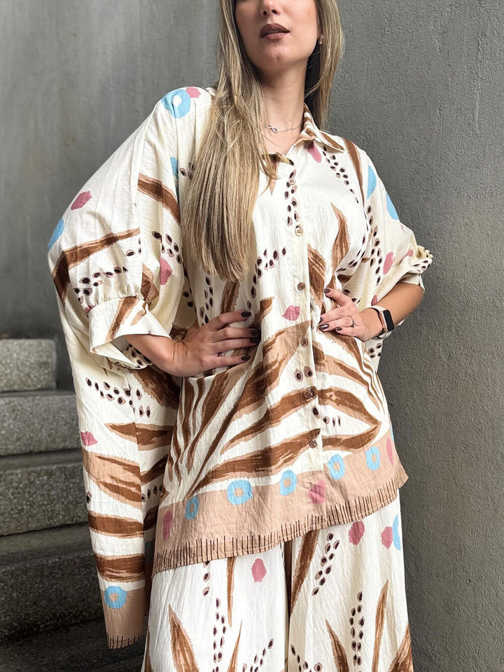 Unique Bohe Print Colorblock Elastic Waist Loose Fit Wide Leg Pants