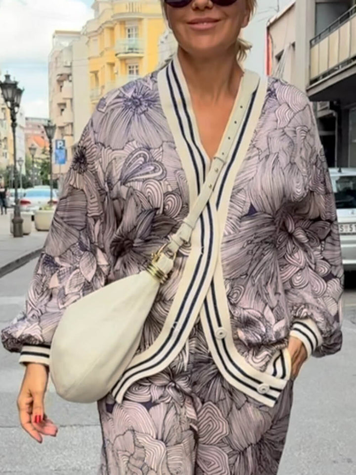 Unique Floral Print Ribbon Splice Pockets Elastic Waist Wide-Leg Pants