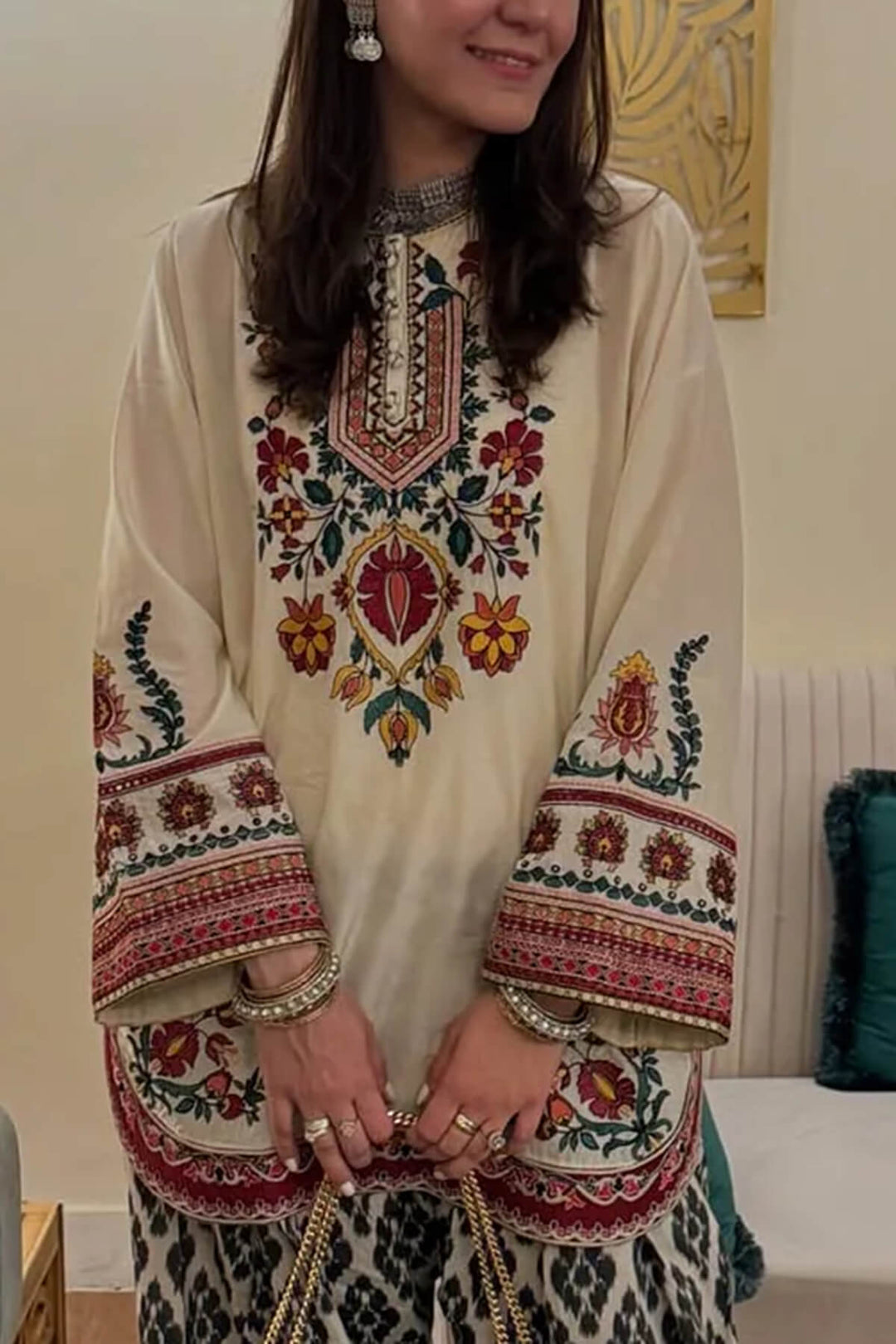 Retro Ethnic Print Elastic Waist Wide-Leg Pants