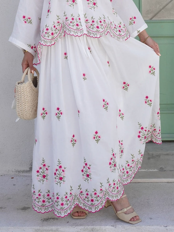 Delicate Floral Embroidered Ruffle With Elastic Waist Midi Skirt