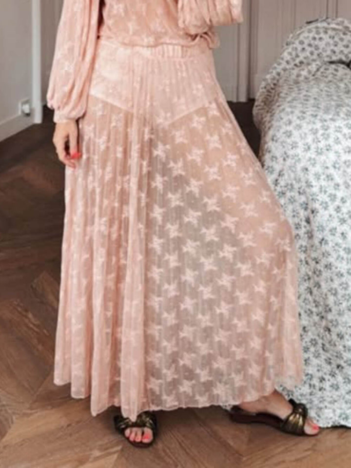 Elegant Mesh Pleated Lace Maxi Skirt