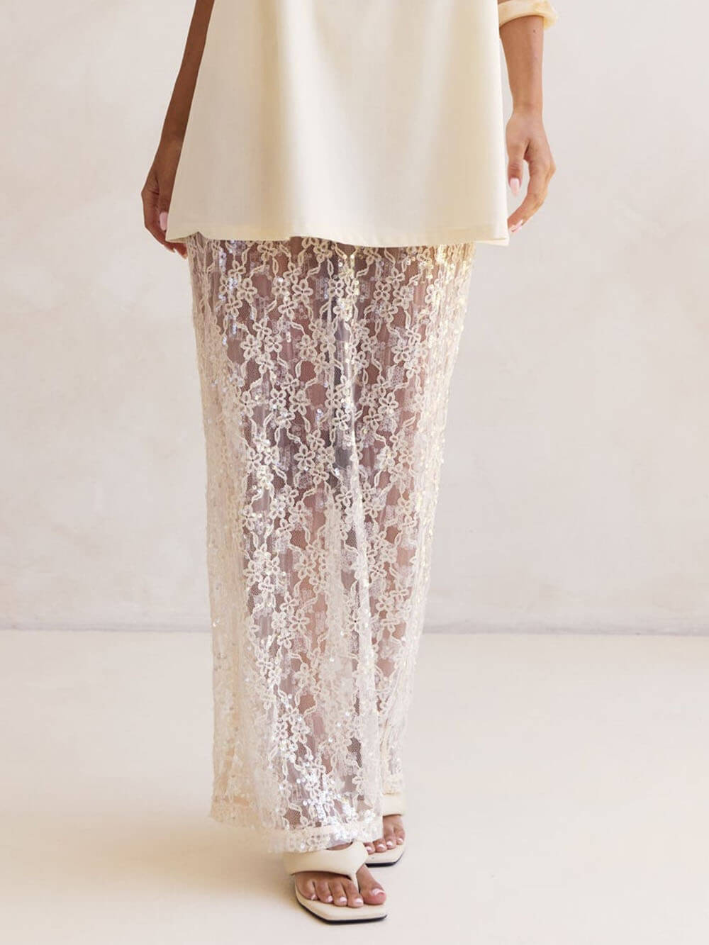 Elegant Off-Shoulder Strap A-Line Top Sheer Sequin Lace High-Waist Maxi Skirt Set
