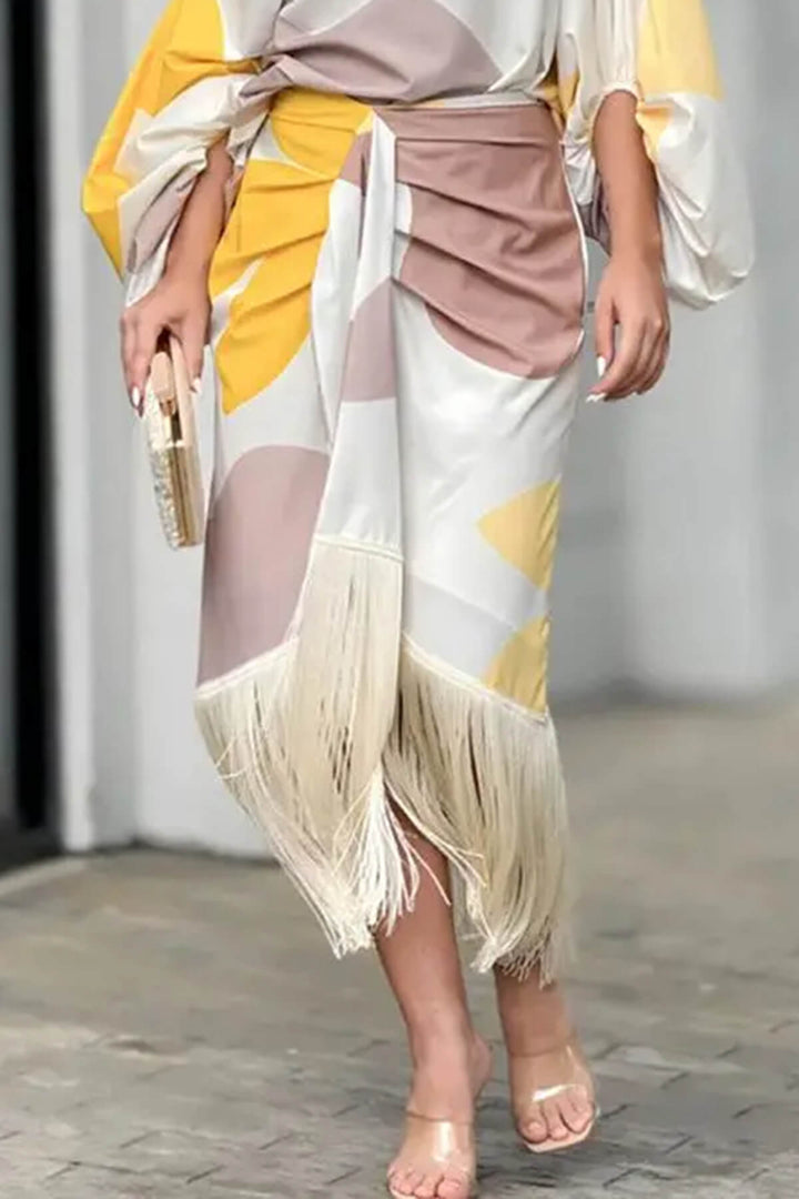 Fashionable Elegant Printed Ruched Lantern Sleeve Loose Blouse