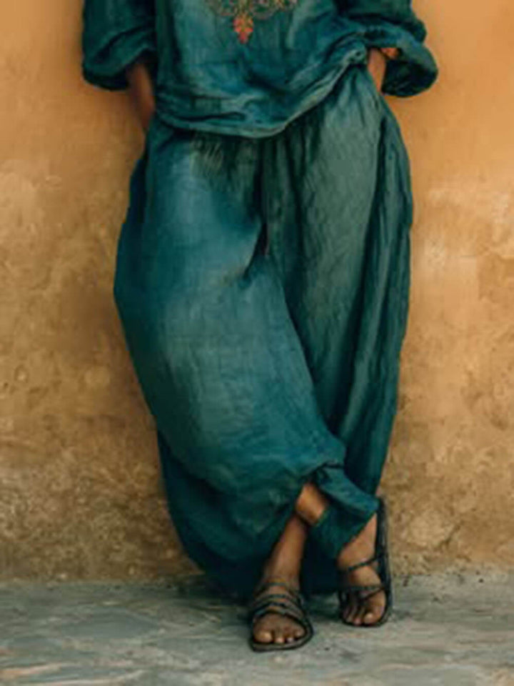 Boho Print Cotton Linen V-Neck Loose Shirt