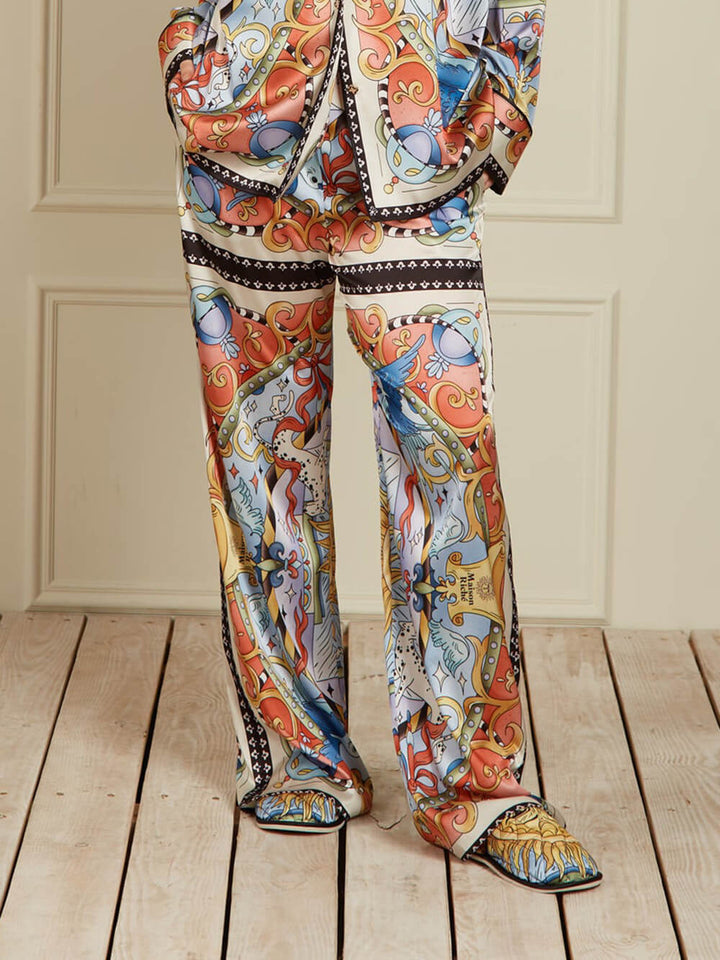 Unique Satin Sunshine Print Turn-Down Collar Loose Fit Shirt And Elastic Waist Wide Leg Pants Set
