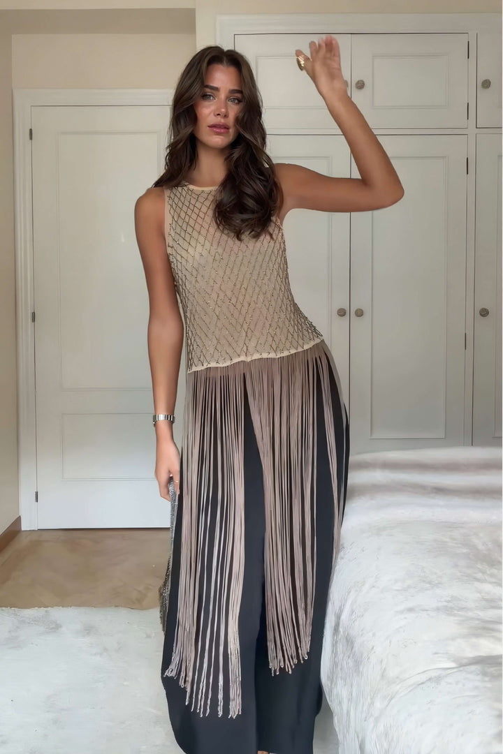 Fashionable Tassel-Trimmed Beaded Sleeveless Top