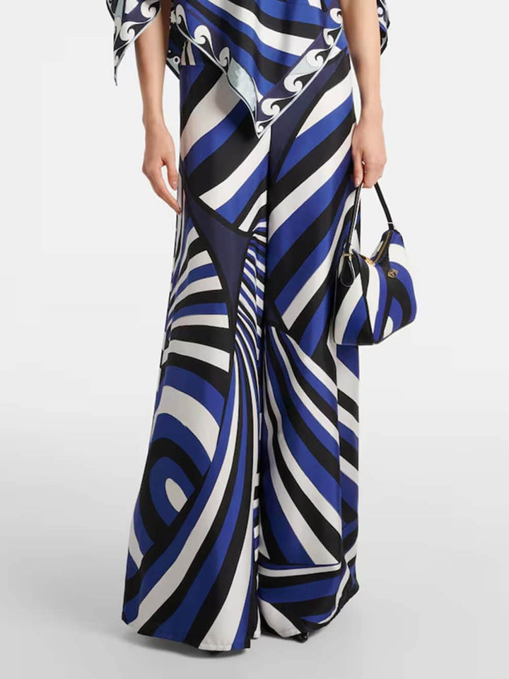 Unique Rainbow Print Satin Elastic Waist Loose Wide-Leg Pants