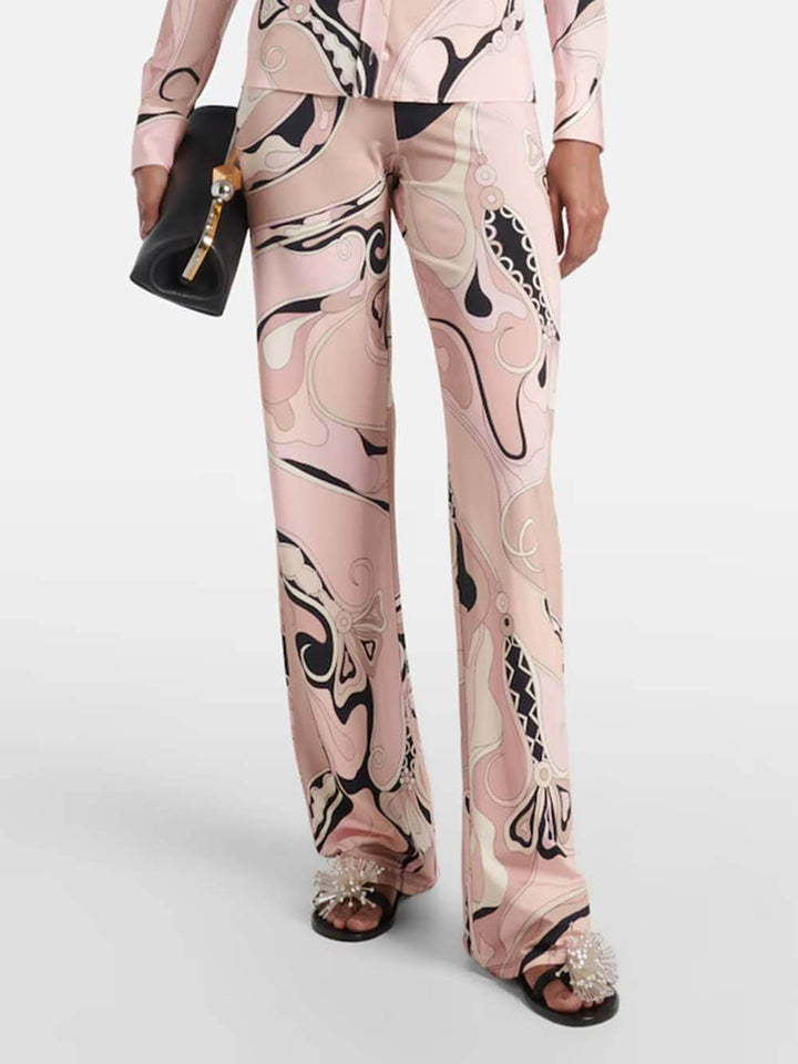 Unique Floral Print Fitted Button Shirt & Elastic Waist Straight-Leg Pants Set