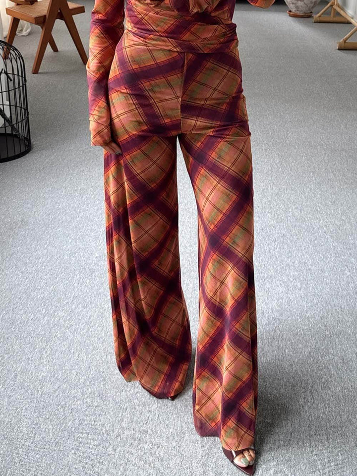Unique Plaid Print Sheer V-Neck Top