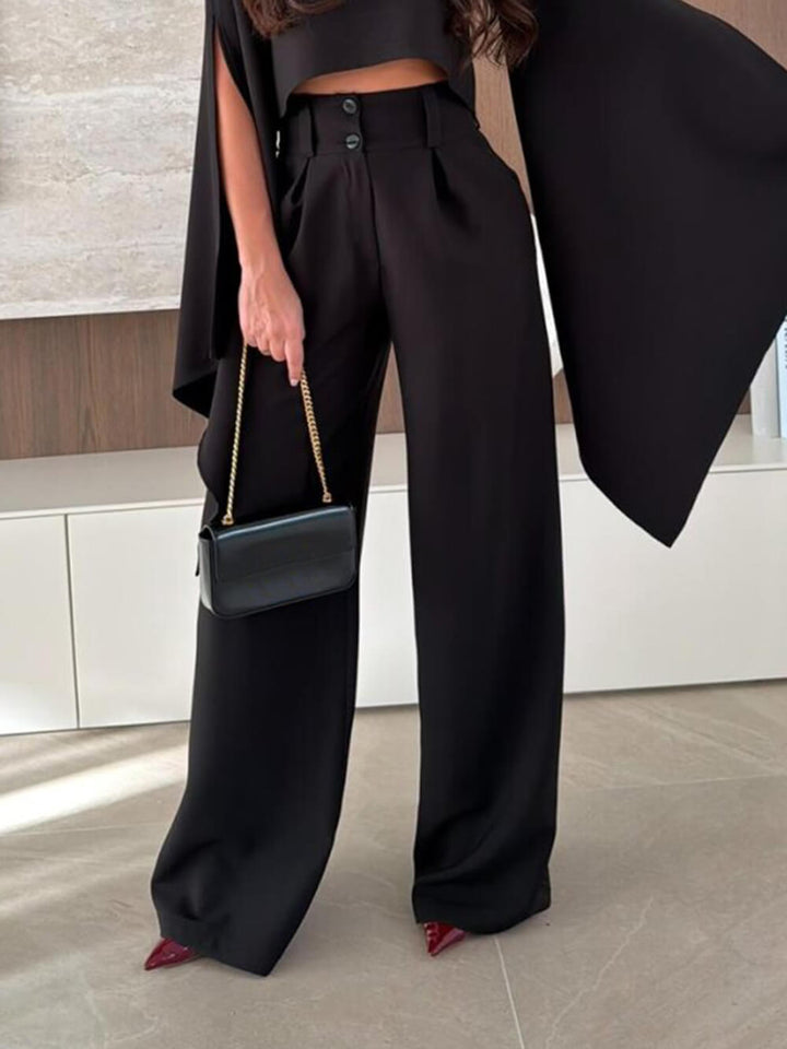 Exquisite Pleated High-Waist Pockets Straight-Leg Pants
