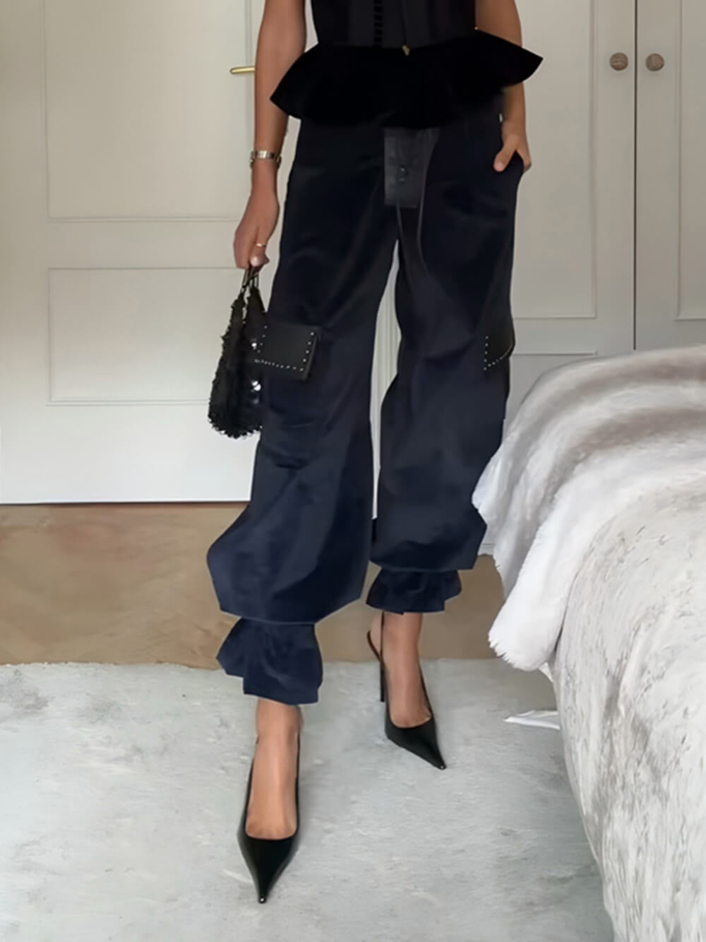 Retro Fashion Ruffled Sleeveless Vest Corduroy Drawstring Tapered Pants Set