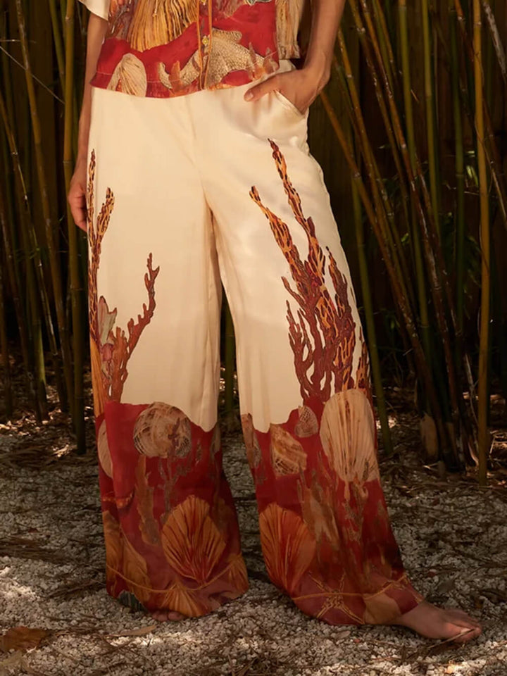 Exquisite Print High-Waisted Pocket Wide-Leg Pants
