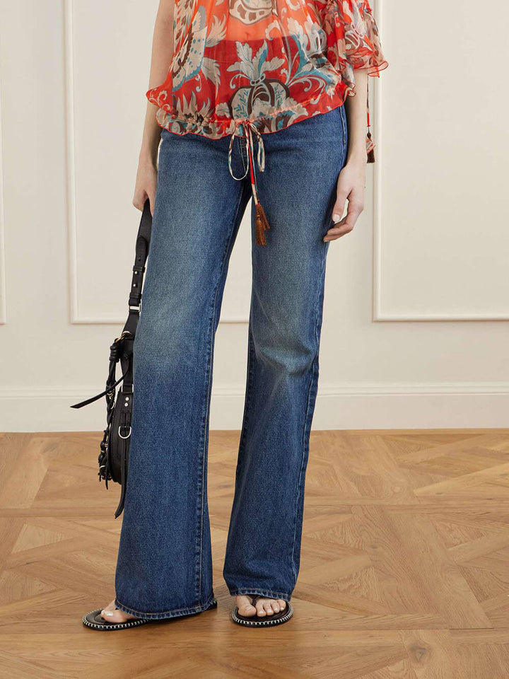 Modern Off-Shoulder Asymmetric Fringe Ruffle Printed Chiffon Blouse