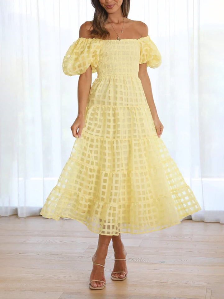 Fashionable One-Shoulder Chiffon Puff Sleeve Swing Midi Dress