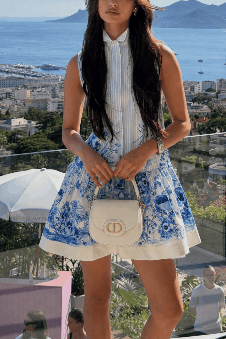 Elegant Blue Floral Print Sleeveless Shirt Mini Dress