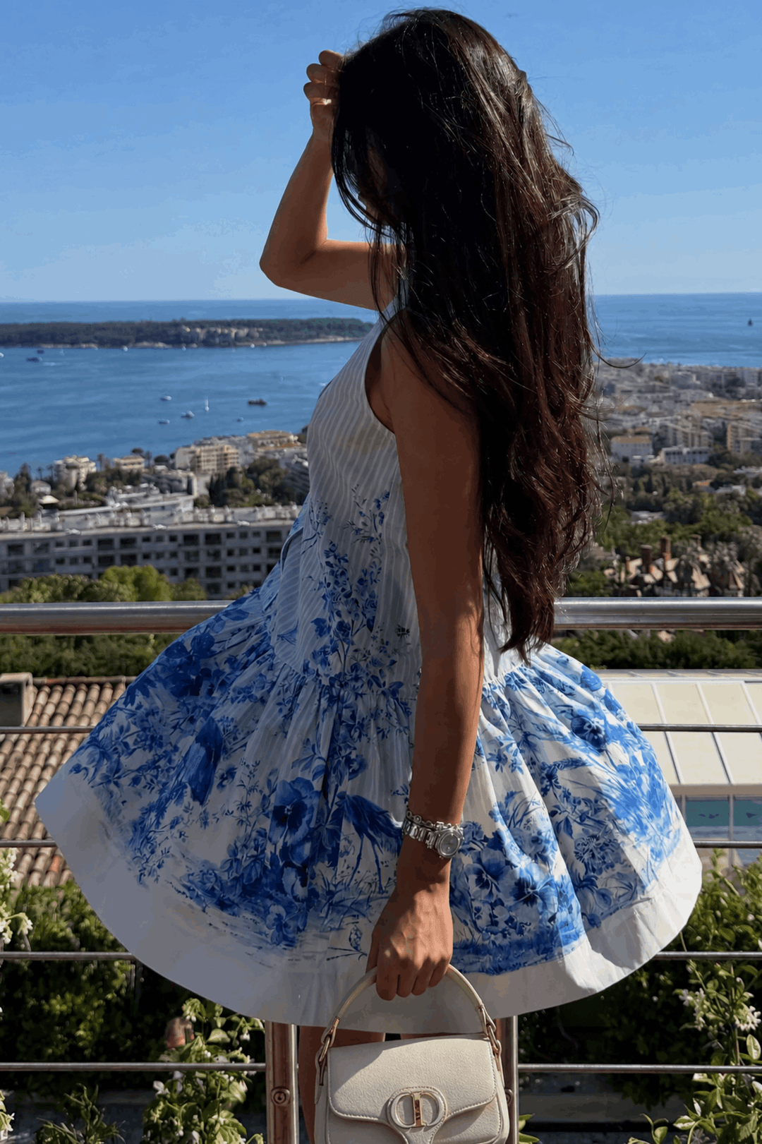 Elegant Blue Floral Print Sleeveless Shirt Mini Dress