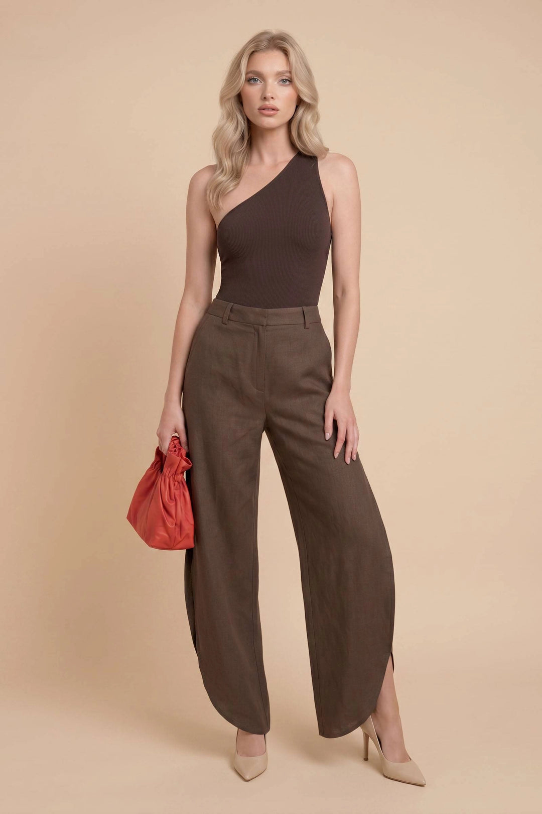 Oblique Collar Off-shoulder bodysuits And Side Slits Wide Leg Pants Suit- Pants