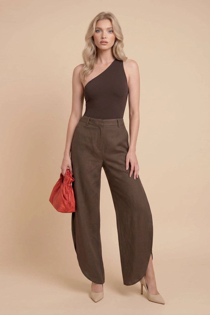 Oblique Collar Off-shoulder bodysuits And Side Slits Wide Leg Pants Suit- Pants