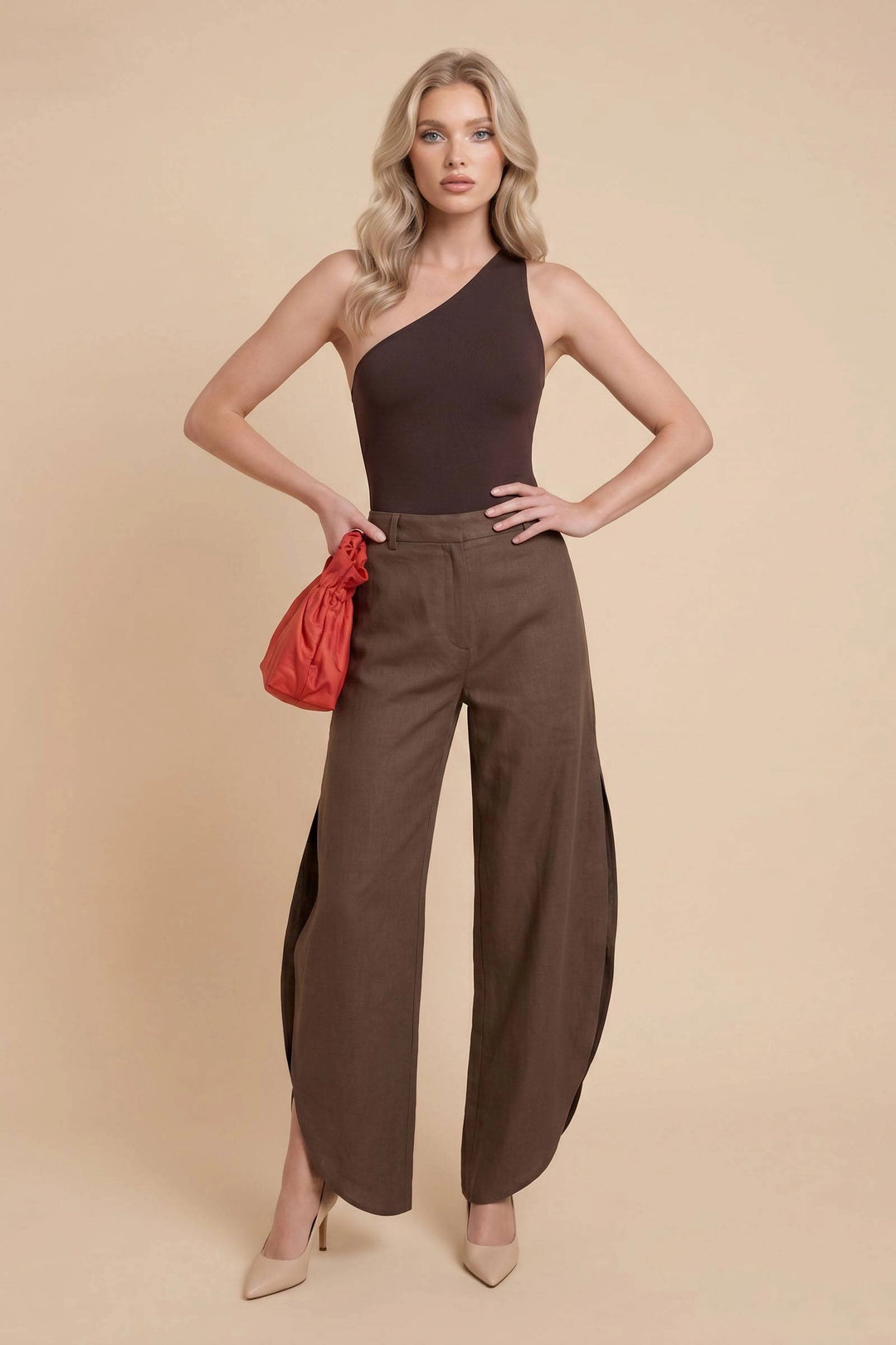 Oblique Collar Off-shoulder bodysuits And Side Slits Wide Leg Pants Suit- Pants