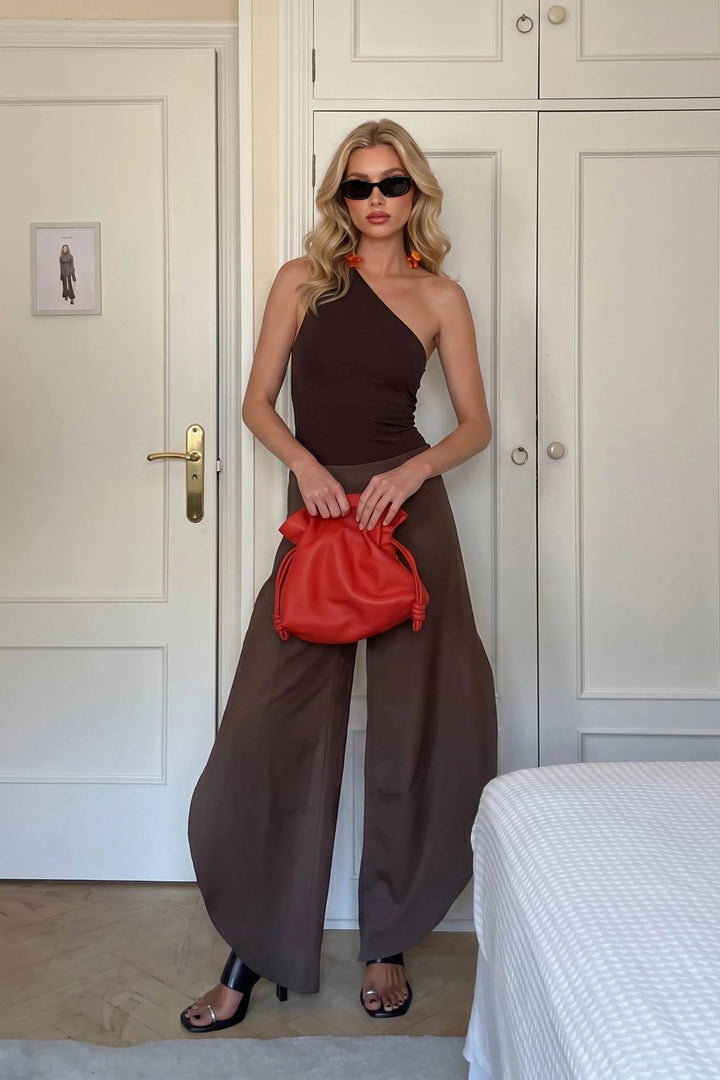 Oblique Collar Off-shoulder Bodysuits And Side Slits Wide Leg Pants Suit