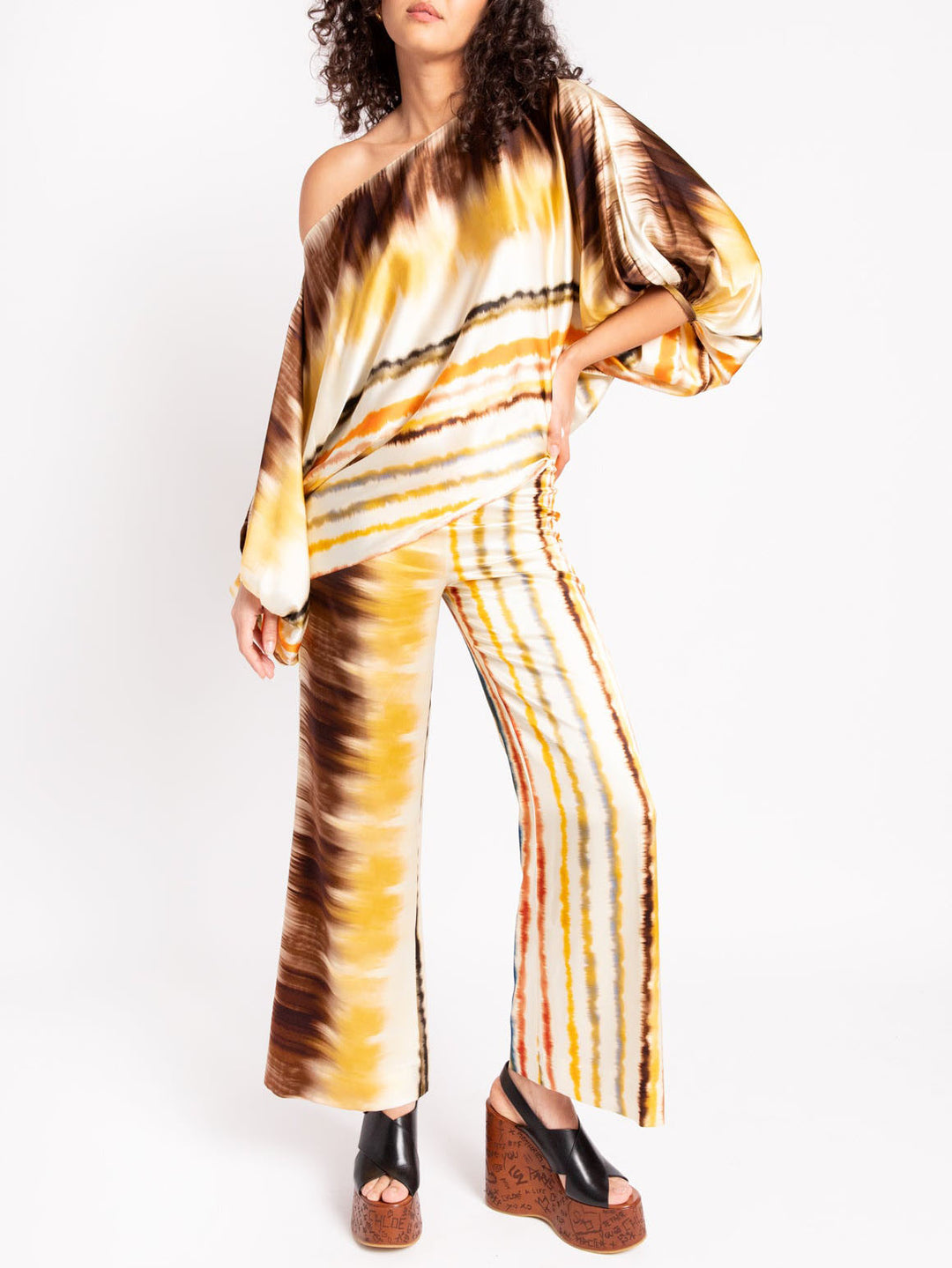 Exquisite Satin Gradient Irregular Stripe Print Shirt