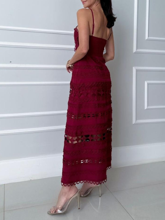 Elegant Lace Hollow-Out Spaghetti Strap Midi Dress