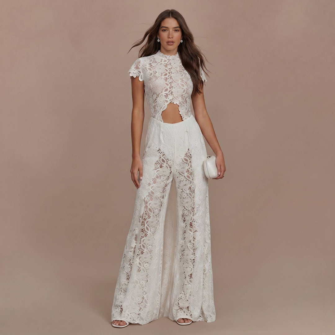 Lace Long-sleeved Top And Wide-leg Pants Set