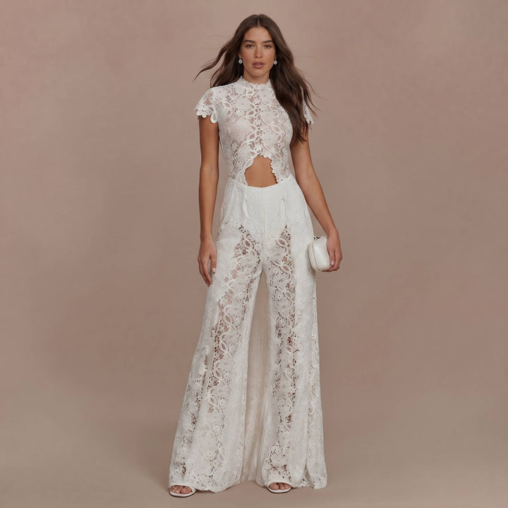Lace Long-sleeved Top And Wide-leg Pants Set