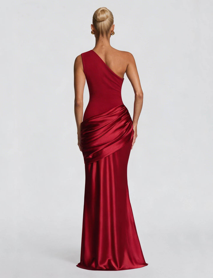 Elegant One-Shoulder Ruched Satin Maxi Dress
