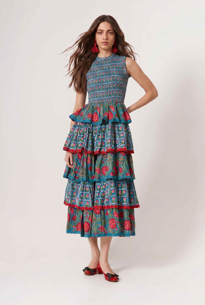 Pleated Deign Printed Maxi Dress
