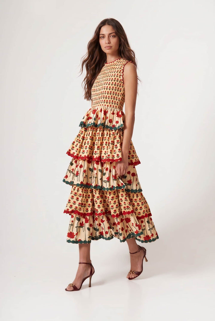 Pleated Deign Printed Maxi Dress