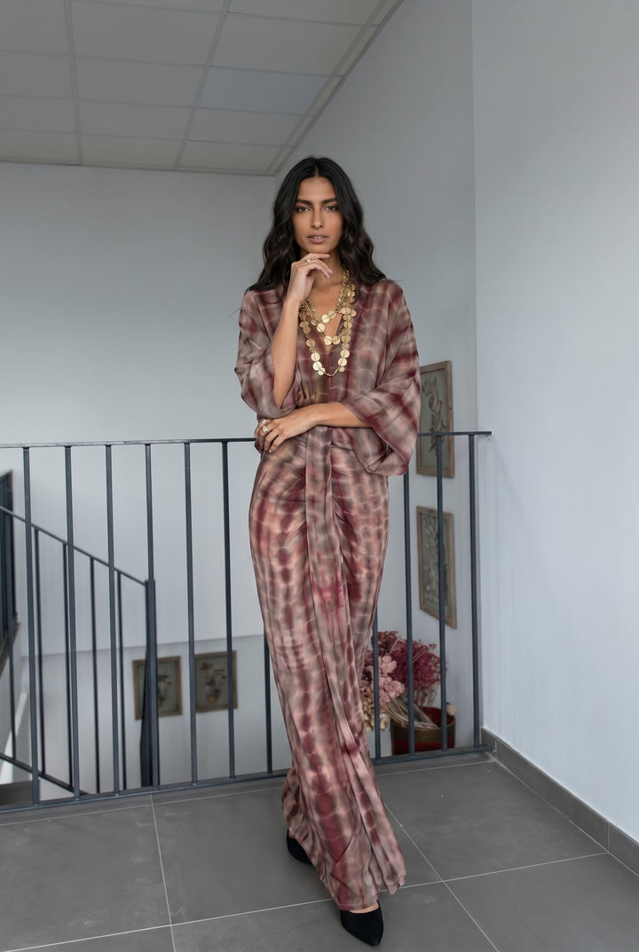 V-Neck Printed Slit Streamer Design Maxi Dress
