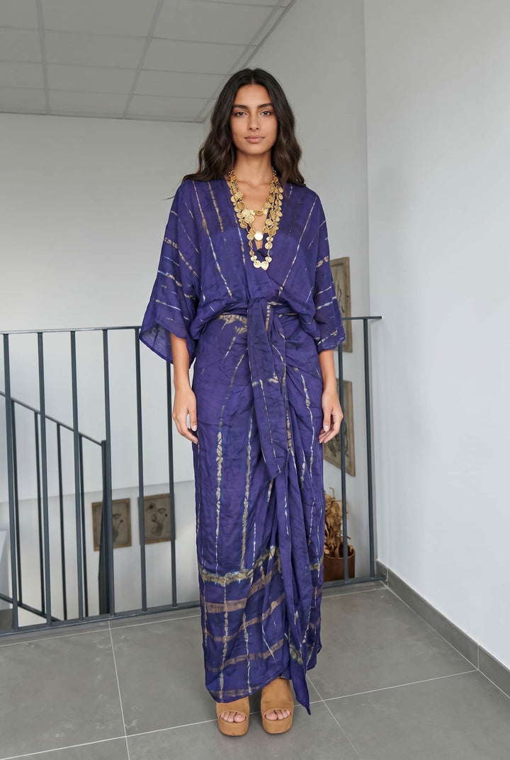 V-Neck Printed Slit Streamer Design Maxi Dress