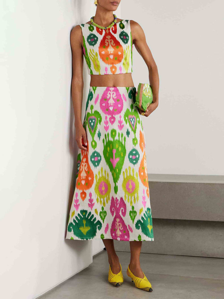 Vibrant Ikat Print High-Waist Midi Skirt
