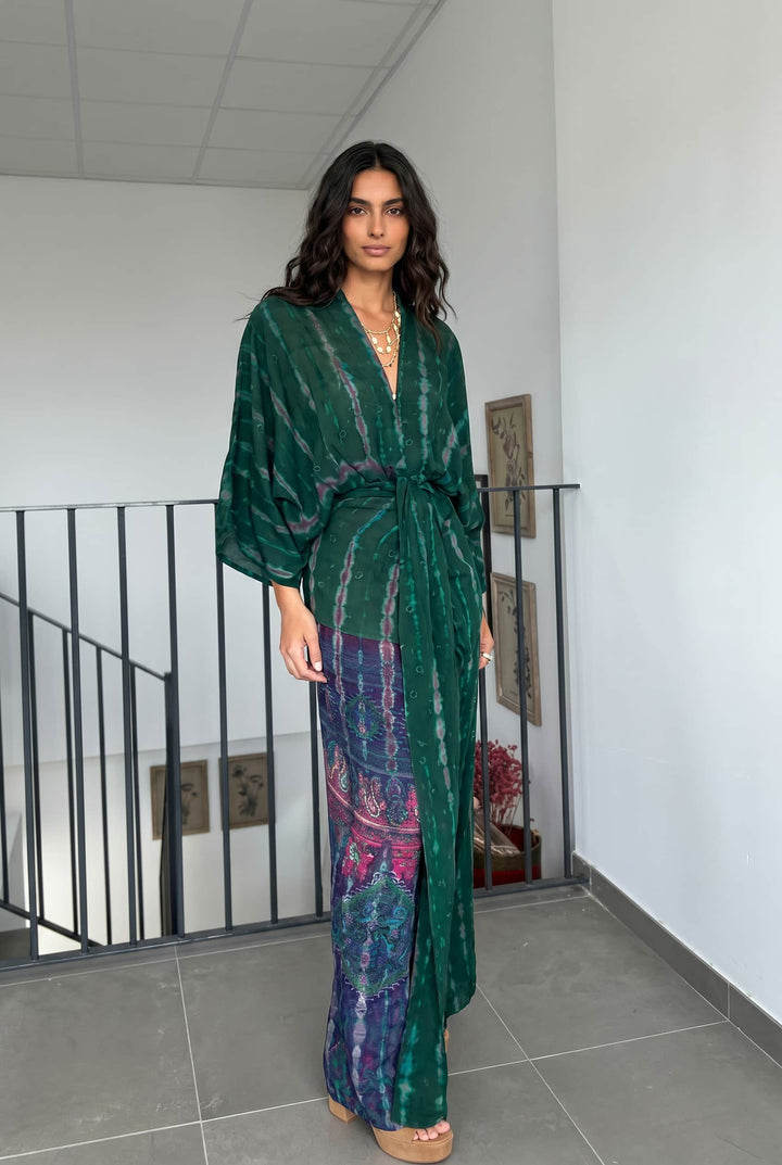 V-Neck Printed Patchwork Slit Streamer Design Maxi Dress