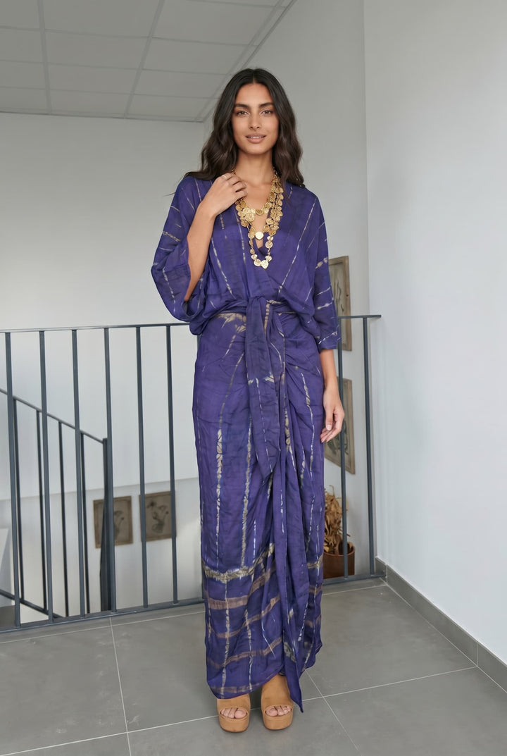 V-Neck Printed Slit Streamer Design Maxi Dress