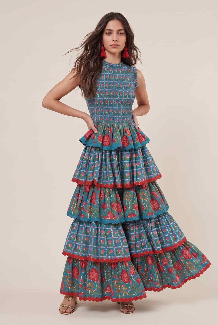 Pleated Deign Printed Maxi Dress