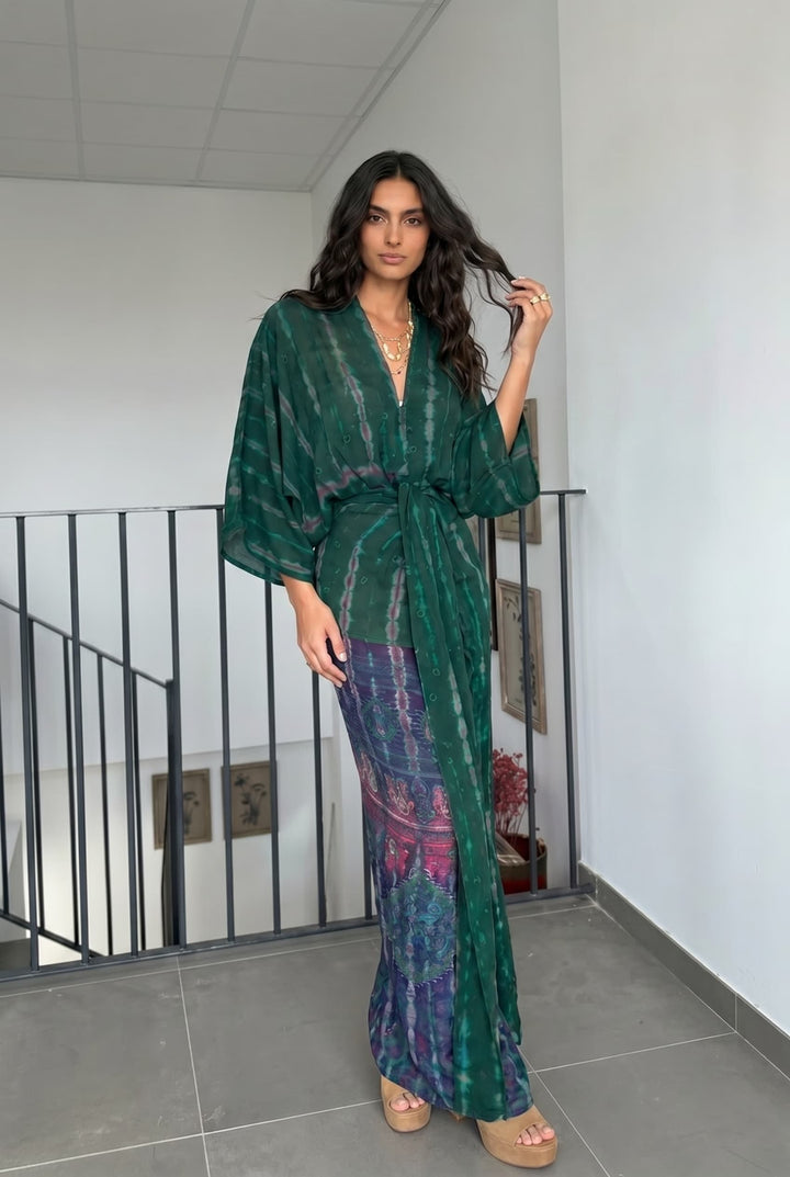 V-Neck Printed Patchwork Slit Streamer Design Maxi Dress