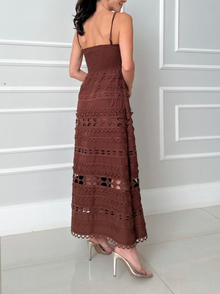 Elegant Lace Hollow-Out Spaghetti Strap Midi Dress